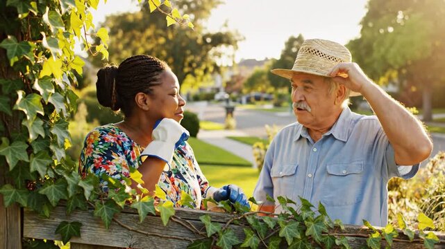 Senior diverse neighbors talking over garden fence on sunny day