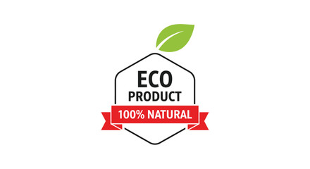 Eco friendly product logo for one hundred percent natural goods featuring a green leaf and a red ribbon on a white background.