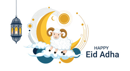 Greeting card for Happy Eid al-Adha celebration featuring a cute sheep on a cloud with a crescent moon and traditional lantern.