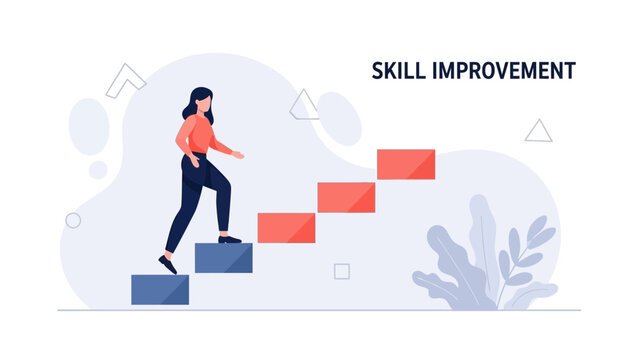 Businesswoman climbing stairs for skill improvement and career growth concept