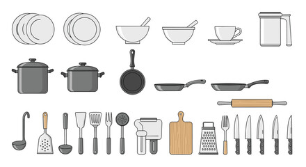 Comprehensive set of kitchenware icons including pots, pans, plates, cutlery, and various cooking utensils in gray tones.