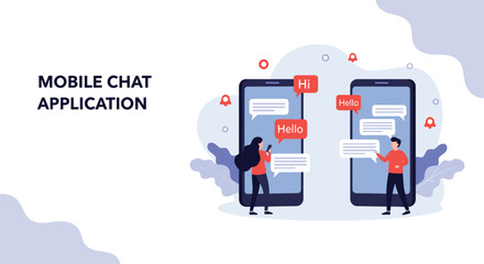 Illustration of mobile chat application with two people messaging each other through large smartphones and speech bubbles.