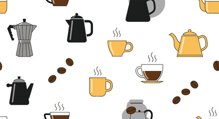Classic seamless pattern featuring various coffee pots, steaming cups, and coffee beans scattered on a white background.