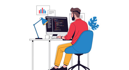 Man programmer working on computer at his office desk with code displayed on the monitor screen and plant nearby.