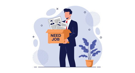 Conceptual illustration of a man looking for a job holding a box with CVs and a sign saying need job.