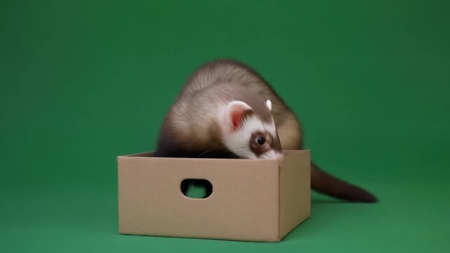 Studio Ferret greenscreen cute brown animal isolated transparent alpha background playful domestic mammal wildlife motion footage template overlay compositing element for video editing advertising