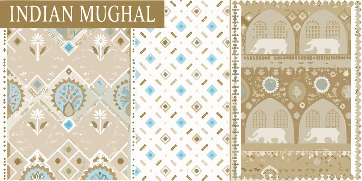 Indian mughal inspired patterns with floral and elephant motifs