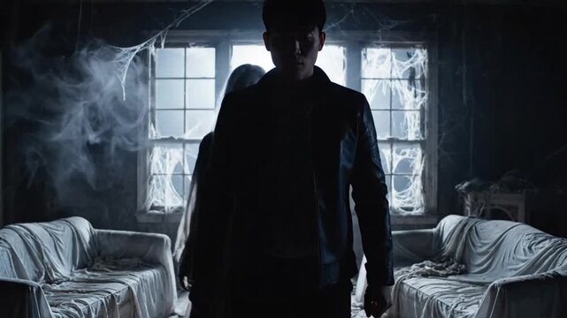 A dark and eerie video scene of a man and woman standing in a dimly lit room with smoke and spider webs