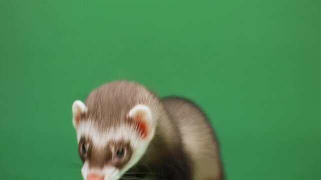 Realistic Ferret greenscreen small exotic mammal cute playful brown fur isolated transparent alpha keying background studio footage overlay compositing resource for commercial video editing digital