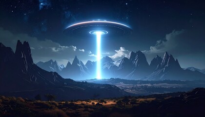 A glowing craft beams light over a mountain range at night