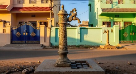 Ornate vintage cast iron water tap stands proudly on an unpaved street, reflecting historical utility in a vibrant neighborhood
