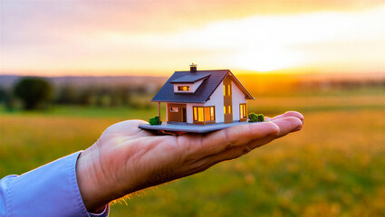 Hand Holding Miniature House Model at Sunset Over a Golden Field, Dream Home Concept