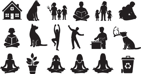 Obraz na płótnie Canvas Black silhouettes of people and pets in various activities