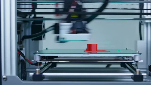 A red cube being built layer by layer on a 3D printer