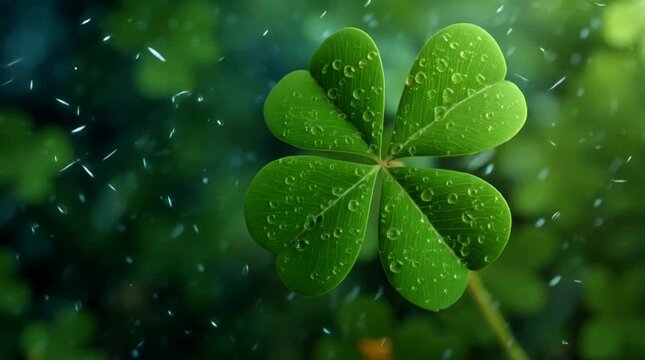Close-up of a four-leaf clover with water droplets on its leaves in a lush green environment.