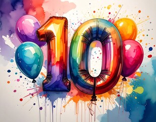 A vibrant digital illustration shows a celebratory number "10" balloon surrounded by colorful balloons and paint splashes