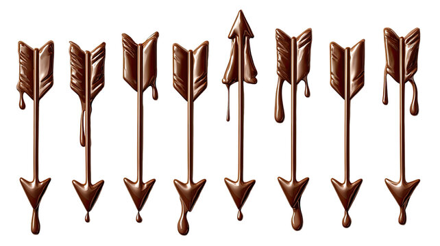 Melting chocolate arrows set glossy brown arrow shapes with dripping effect isolated on black background