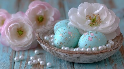 Fototapeta premium Delicate pastel eggs with gold flecks nestle among pearls in a rustic bowl beside soft blossoms, perfect for Easter greetings, spring decor, and romantic seasonal promotions.
