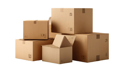 Obraz premium Stacked cardboard shipping boxes various sizes isolated on black background