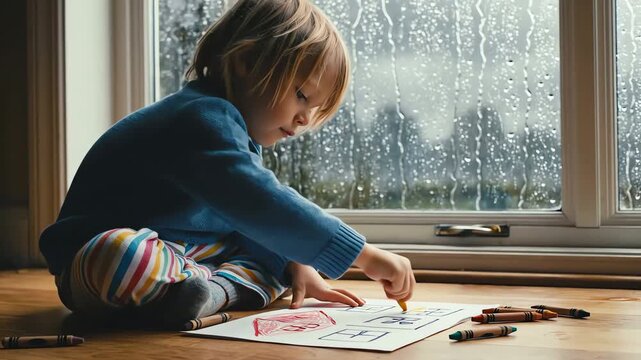 Young child drawing with crayons by a window on a rainy day