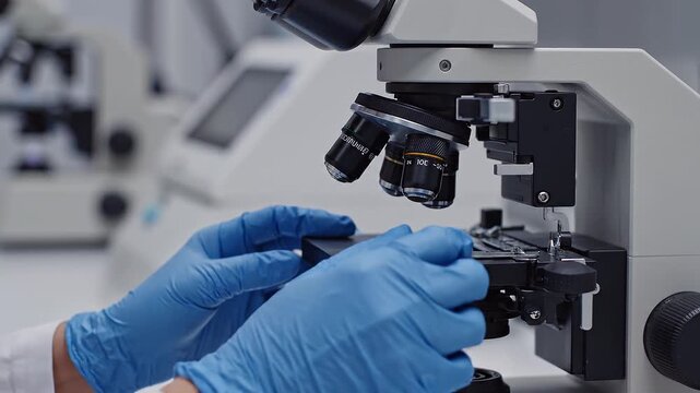 Researcher in blue gloves and lab coat fine-tuning a compound microscope. Ideal for medical research, biology education, or science communication projects.