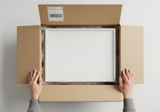 Hands Holding Open Cardboard Box with Blank White Picture Frame Mockup and Protective Bubble Wrap