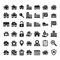real estate house icon vector set, property building black symbol collection, home location solid glyph pack, architecture graphic elements, editable realty design bundle