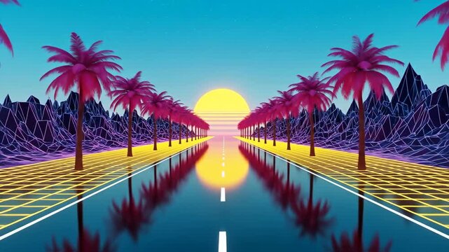 Neon Palm Tree Lined Road Stretches to Massive Sunset Sun Over Reflective Asphalt with Geometric Mountains, Blue Sky Background 4K Video