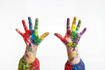 Fototapeta premium Child hands covered in vibrant colorful paint against a white background showing artistic fun