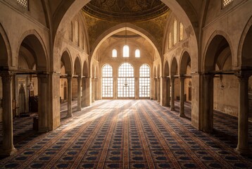 Obraz premium Majestic mosque interior with sun rays illuminating patterned carpet and golden arches
