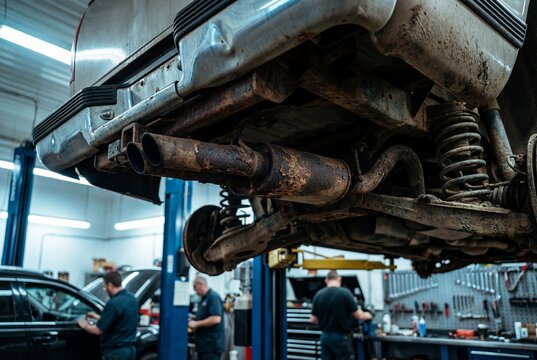 Worn vehicle underside with rusty exhaust pipe on a lift in an auto repair shop