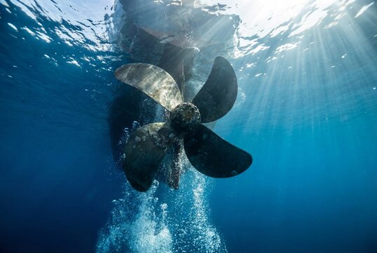 Boat propeller underwater with sun rays and bubbles in clear blue ocean