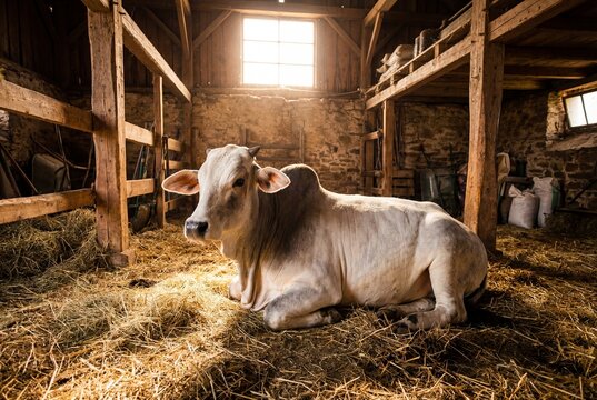 Indian brahmin zebu cow with hump lying on hay in rustic sunlit cowshed barn