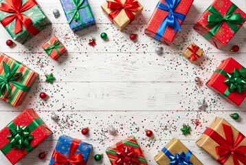 Fototapeta premium Flat lay christmas presents frame on white wooden background