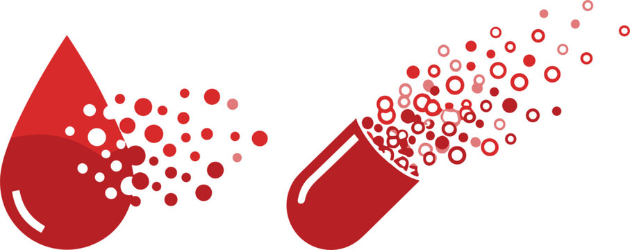 Blood drop and open capsule with particles medical concept vector illustration isolated