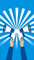 A vibrant digital image features two stylized hand-held megaphones held by human arms, radiating a burst of energy on a blue backdrop