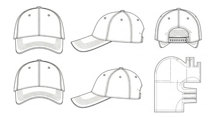 Baseball Cap Vector Technical Illustration Set Showing Front, Back and Side Views &ndash; Apparel Fashion Template Isolated on White