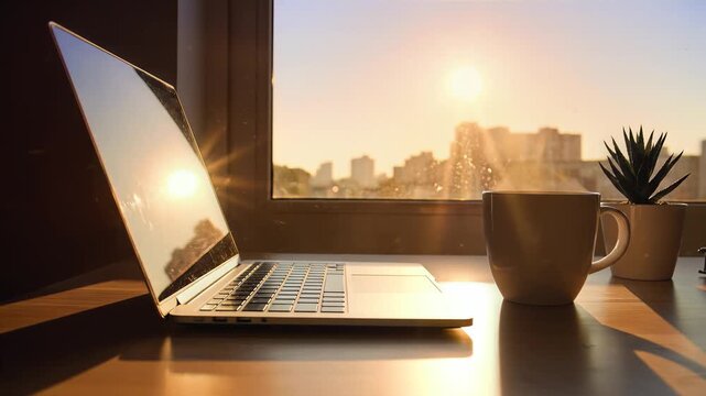 Laptop and Coffee on Desk at Sunrise.