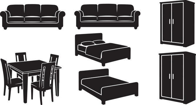 Furniture icons set including sofa, bed, wardrobe, and table