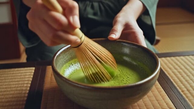 Close-up of a person preparing traditional Japanese matcha tea using a bamboo whisk in a ceramic bowl on tatami mats. Authentic tea ceremony.