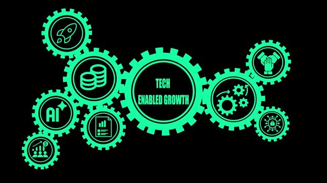 Green interconnected gears depicting tech enabled growth with for AI rocket coins document and teamwork on a black background Keywords: gears, technology