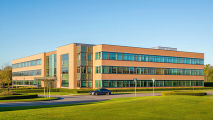 Fototapeta premium Modern Corporate Office Building with Beige and Green Accents Amidst Green Landscape