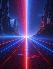A vibrant digital landscape with converging red and blue light beams, between mountain cliffs, emanating from a central bright source