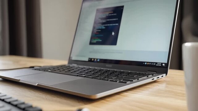 Laptop on Wooden Desk with Coffee Cup.