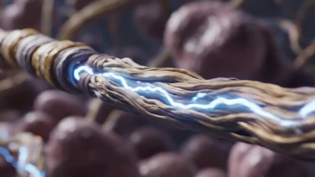 Blue lightning energy pulse through abstract biological fiber