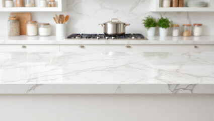 Marble kitchen countertop with modern appliances and cabinets