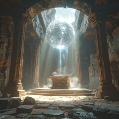 A glowing orb within an ancient temple, bathed in divine light