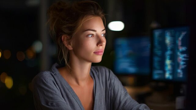 A focused young woman reflects deeply while working late at night in a cozy environment surrounded by glowing computer screens, embodying concentration and inspiration.