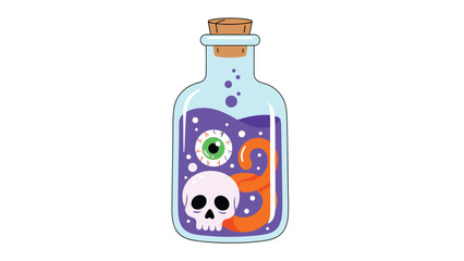 Obraz premium Glass bottle containing a bubbling purple magic potion with a human skull, glowing eyeball, and an orange snake.