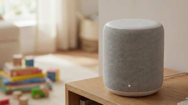 Smart home voice assistant cylinder fabric speaker wooden table cozy living room with toys and soft natural light creating warm inviting atmosphere